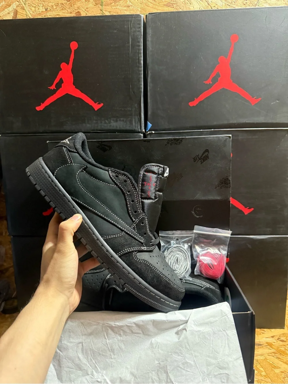 Air Jordan Retro Low Travis Scott Black Phantom Suede Sneakers with Red Accents